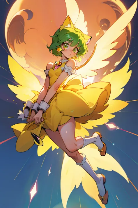 yellow themed magical girl, fluffy dress, tokyo mew mew style, full body, dynamic, in the sky