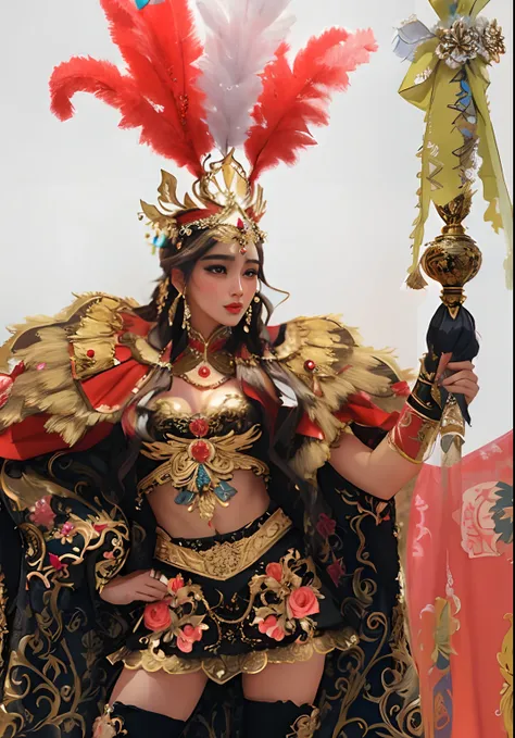 Un primer plano de una mujer disfrazada sosteniendo un poste, Disfraz elaborado, Llevar un atuendo adornado, Traje tradicional, Hermoso disfraz, Usar ropa ornamentada, elaboradamente disfrazado, authentic costume, cosplay adornado, Vestimenta tradicional, ...