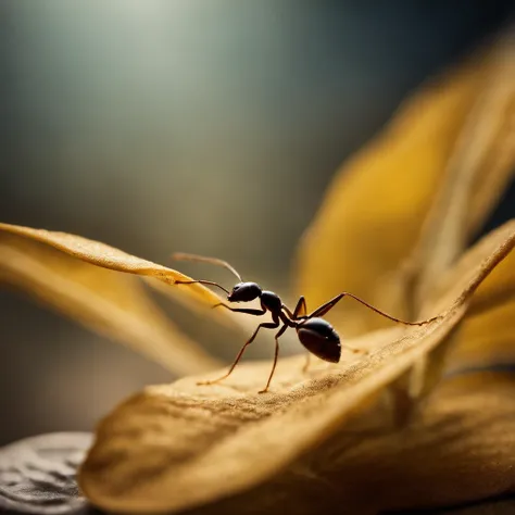 an ant standing on a piece of  a golden floating leaf in the air