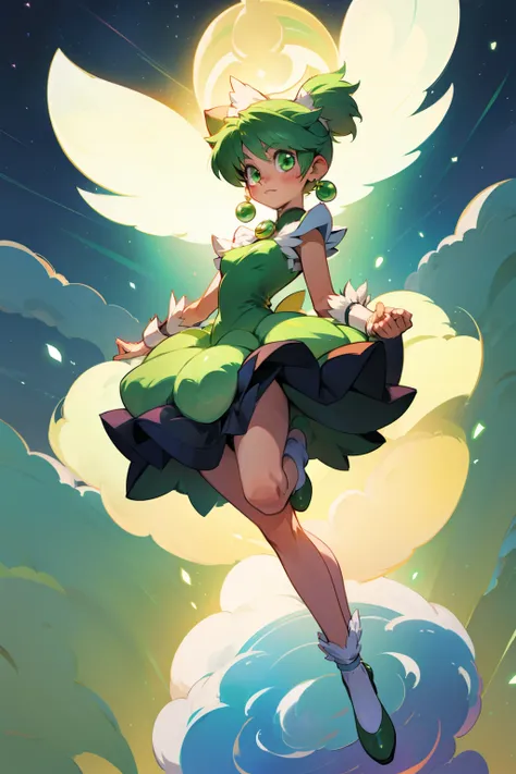 green themed magical girl, fluffy dress, tokyo mew mew style, full body, dynamic, in the sky