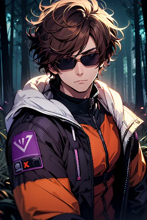 boy, brown hair, short hair, curly hair, dark brown eyes, wearing sunglasses, pilot suit, depressive expression, cold forest background and lonely night with neon purple moon, neon tones, ((high quality)), ((high definition)),((master piece))