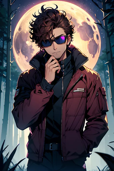 boy, brown hair, short hair, curly hair, dark brown eyes, wearing sunglasses, pilot suit, depressive expression, cold forest background and lonely night with neon purple moon, neon tones, ((high quality)), ((high definition)),((master piece))