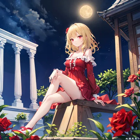 Wavy blonde、red eyes、Beautiful girl alone、Bright red dress、off shoulders、a miniskirt、sitting on、rose garden、a moon