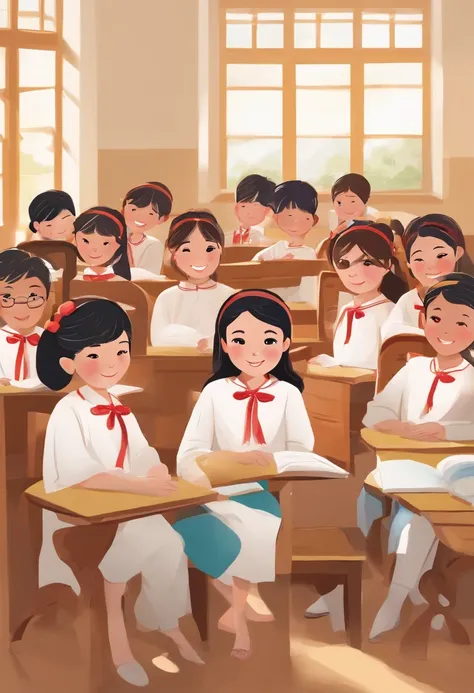 Create an illustration of a group of students gathered in front of a classroom. The boys in the group should be wearing white shirts, and the girls should be wearing traditional white Vietnamese ao dai. The scene should be depicted in a cheerful and cartoo...