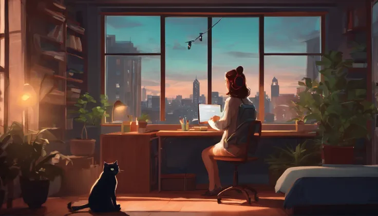 beautiful girl, studying in room, with headphones, with cat,  window with city, lo-fi illustration style.