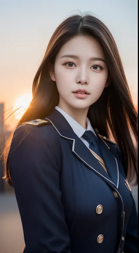 realistic photos of 1 cute Korean star, streaked hair, white skin, thin makeup, 32 inch breasts size, wearing as policeman costume, on the street, sunset light, close-up portrait, UHD