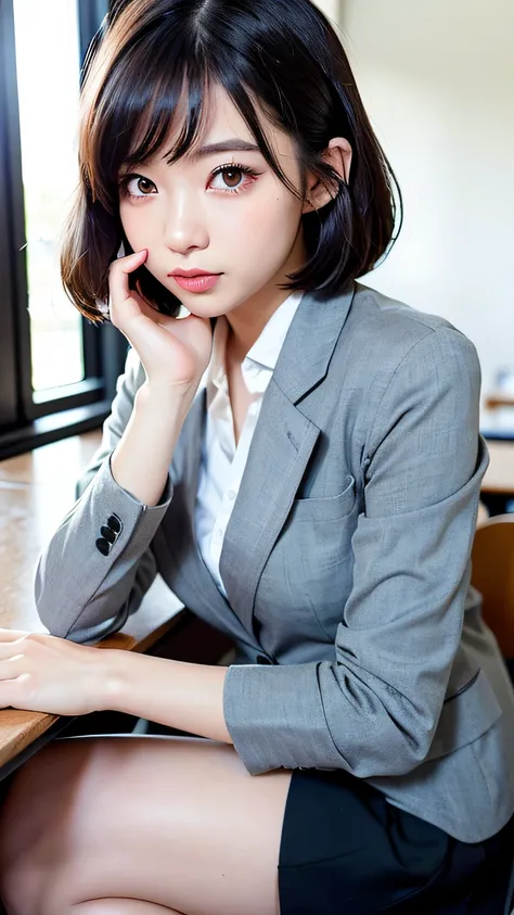 Anime, Realistic female anime style, (aegyo sal: 1), 50 years old、Wrinkles at the corners of the eyes:1.3、girl with, (grey blazer, tape, Foldable mini skirt, sox, Private School Uniforms: 1.2), Secondary Classroom, Beautiful details of the eye, (Eye size: ...