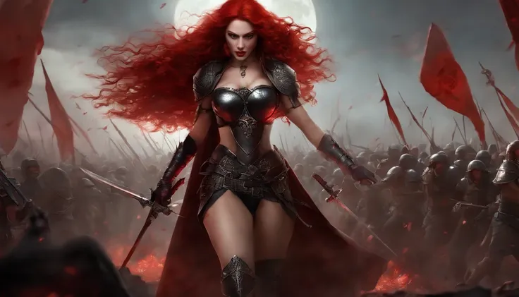 ((masterpiece)), ((best quality)), 1girl, red hair, toned body, claws, red eyes, bra bandages, armor from the waist down, blood, ecstatic smile of madness, villainess eyes, war scene, dead bodies, blood moon