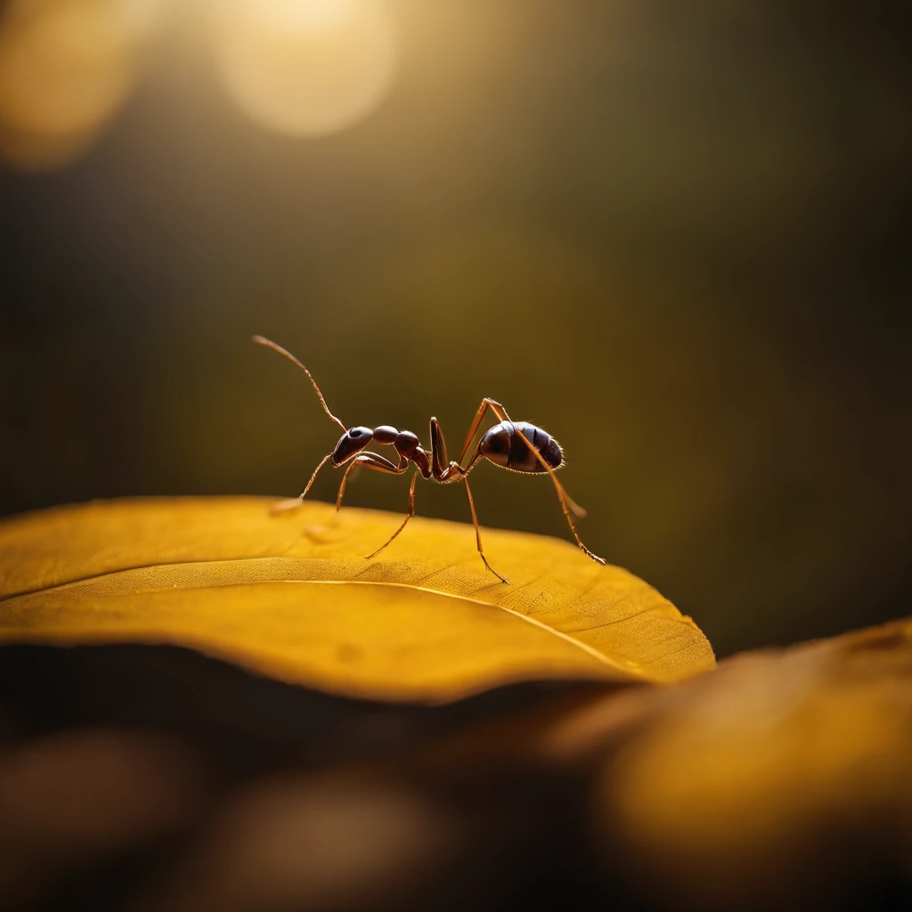 an ant standing on a piece of a golden floating leaf