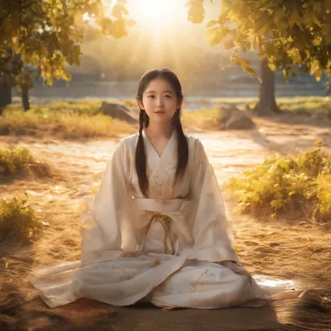 **Character characteristics：**
- The character is a woman，Has a gentle face，Smooth skin，The skin color reflects the warmth of the sun。
- She wears a bright gold robe，Reflects the color of the sun。

**Sun and background：**
- The Sun is a huge, bright sphere...