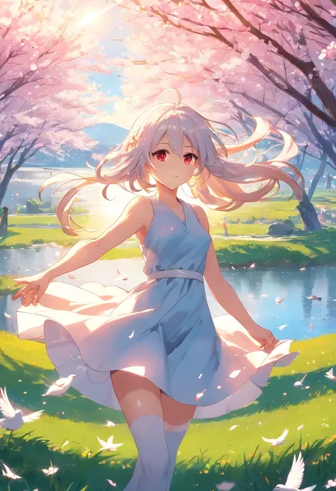 (Highest picture quality), (Masters work),(Detailed eyes description),(Detailed face description),
1girl,red eyes,white hair,(very long hair),very long hair (floating in the wind),hair ornament,white dress,small breast,bare legs,white socks,leather shoes,a...