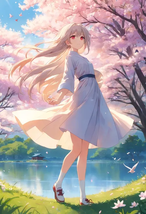 (Highest picture quality), (Masters work),(Detailed eyes description),(Detailed face description),
1girl,red eyes,white hair,(very long hair),very long hair (floating in the wind),hair ornament,white dress,small breast,bare legs,white socks,leather shoes,a...