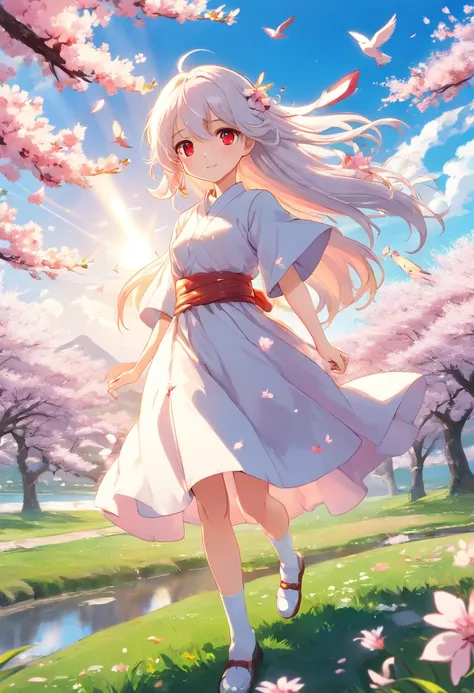 (Highest picture quality), (Masters work),(Detailed eyes description),(Detailed face description),
1girl,red eyes,white hair,(very long hair),very long hair (floating in the wind),hair ornament,white dress,small breast,bare legs,white socks,leather shoes,a...