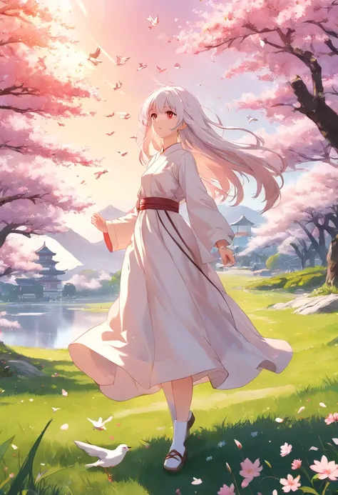 (Highest picture quality), (Masters work),(Detailed eyes description),(Detailed face description),
1girl,red eyes,white hair,(very long hair),very long hair (floating in the wind),hair ornament,white dress,small breast,bare legs,white socks,leather shoes,a...