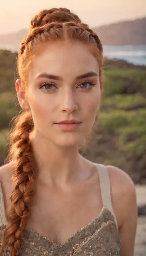 A beautiful young and beautiful attractive girl with ginger braided hair in a bun wearing glamorous makeup, watching the sunset in Hawaii,  looking at the camera, Meio Corpo, fotorrealista