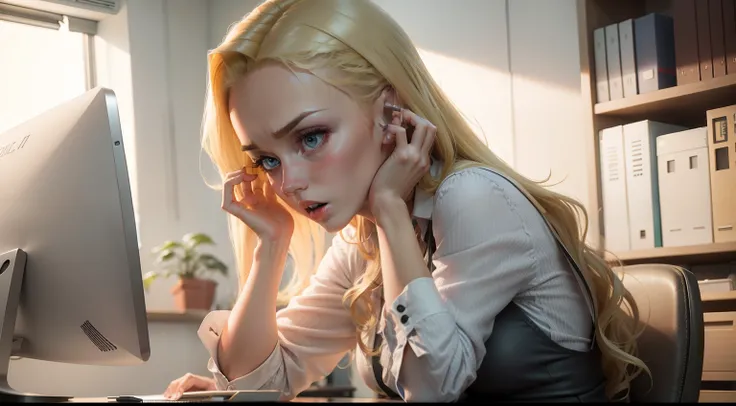 Abigail, a blonde hair young woman, feeling shocked, in office