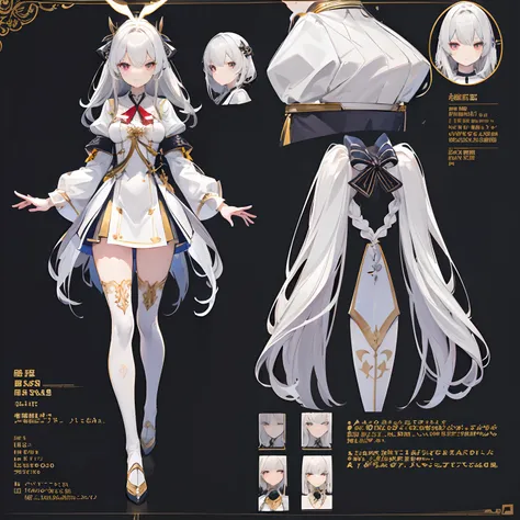 (masuter piece,Best Quality,Ultra-detailed), (Character Sheet:1.2),Full body, School uniform, Front view, Side view, posterior view, Golden Eyes, Glowing pupils, delicate hair ornaments, long straight gray hair, bow ribbon, lightsmile, 校服, Reference table,...