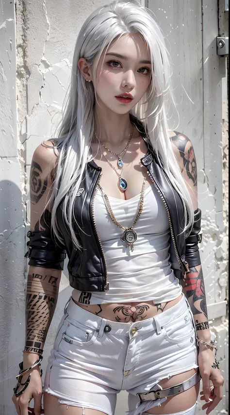 high resolution, 1 woman, hips up, long hair, jewelry, tattoo, white hair, street wear