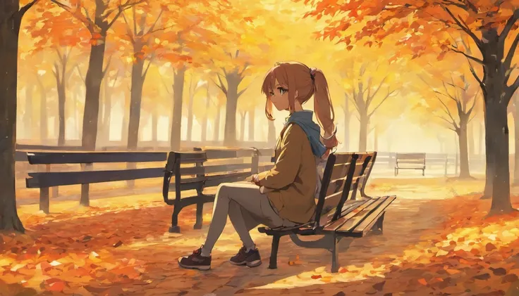 In autumn, trees and fallen leaves, a girl wearing a ponytail and casual attire sat on a bench, and a boy wearing casual attire walked towards her