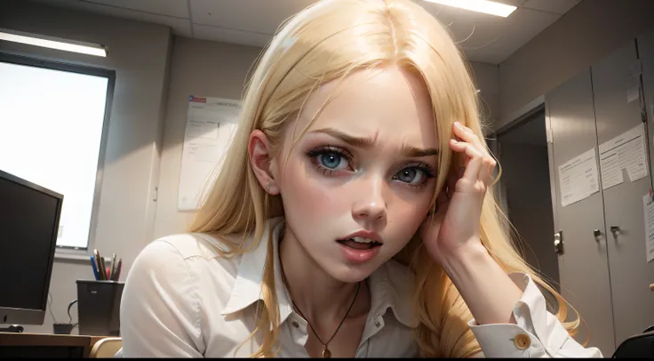 Abigail, a blonde hair young woman, feeling shocked, in office