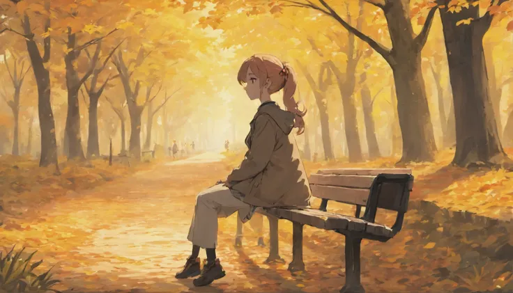 In autumn, trees and fallen leaves, a girl wearing a ponytail and casual attire sat on a bench, and a boy wearing casual attire walked towards her