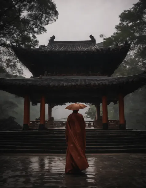 A girl wearing a Hanfu umbrella，Behind him is the temple，Walking alone in heavy rain，In the distance are mountains and waterfalls，tmasterpiece，Masterpiece，rich details​，Da Vinci color grading，4D cinematic texture