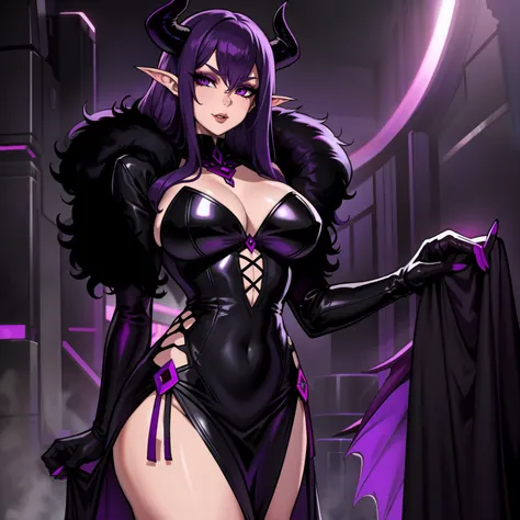 succubus with purple hair, purple eyes, wearing black and redsexy fur lined dress