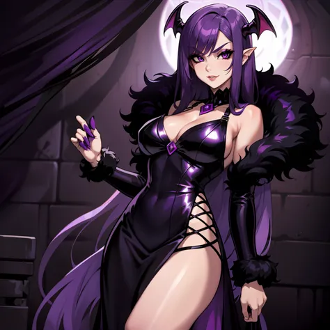 succubus with purple hair, purple eyes, wearing black and redsexy fur lined dress