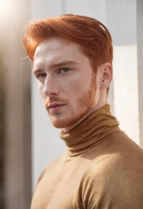 young red-haired man, in turtleneck shirt, gold color, dynamic pose, side view, light background, front lighting, medium shot, high quality photo