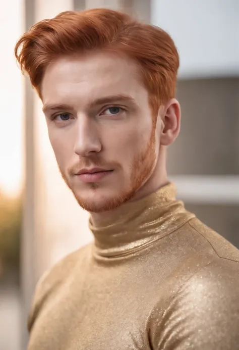 young red-haired man, in turtleneck shirt, gold color, dynamic pose, side view, light background, front lighting, medium shot, high quality photo