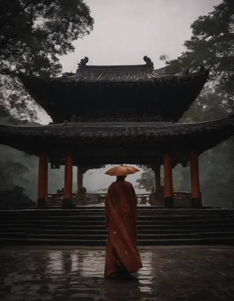 A girl wearing a Hanfu umbrella，Behind him is the temple，Walking alone in heavy rain，In the distance are mountains and waterfalls，tmasterpiece，Masterpiece，rich details​，Da Vinci color grading，4D cinematic texture