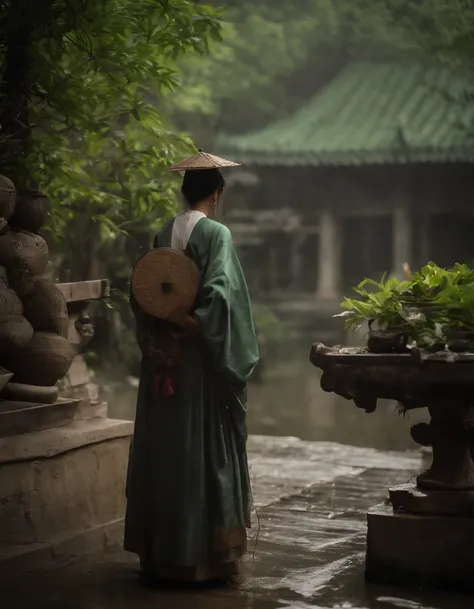 Girl wearing a Hanfu umbrella，Behind him is the temple，Walking alone in heavy rain，In the distance are mountains and waterfalls，tmasterpiece，Masterpiece，rich details​，cinematic colorgrade，4D movie textures