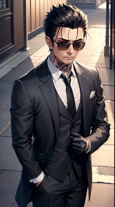 8k, masterpiece, extreme detail, expressive clothing, expressive hair, expressive face, 1male, yakuza, sunglasses, short hair, black coat and tie, black pants, formal suit, tattoo hands, serious, adult, japanese streets, morning, sunshine, head to torso