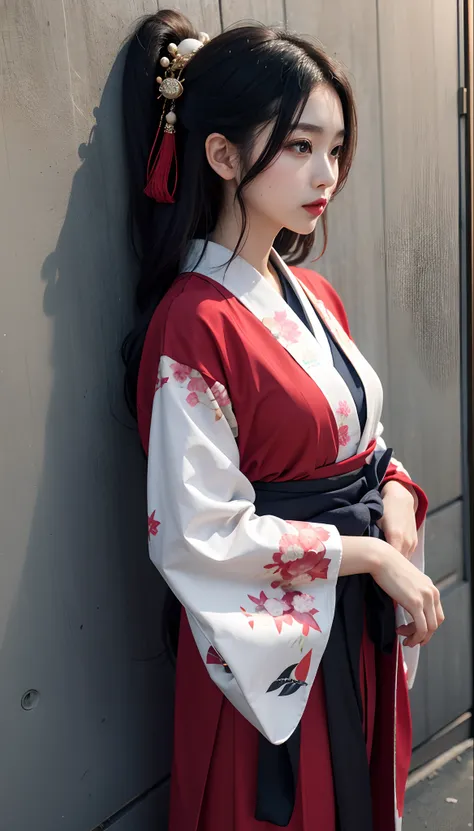 The Arad woman in a kimono stands against the wall, intricate hakama, hakama kimono, Japanese clothes, wearing a haori, wearing hakama, red kimono, multilayered outfit, Hanfu, classic kimono, Japanese kimono, intricate geisha kimono, red and grey only, clo...