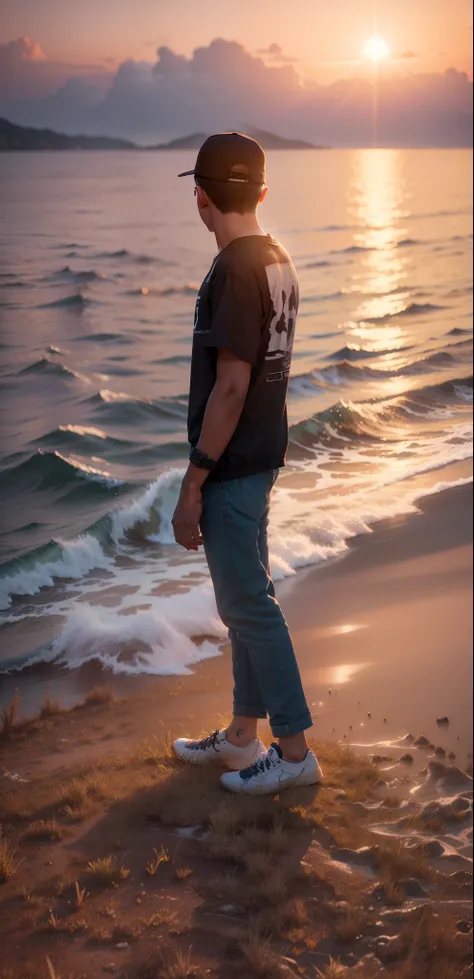 Teenager boy, Change background sunset realistic, sea, standing near sea or lake