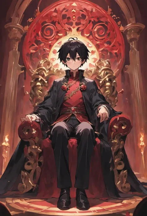 Describe a teenage boy with black hair and crimson rose-like eyes. The one sitting on the throne is like the antagonist in a fictional story