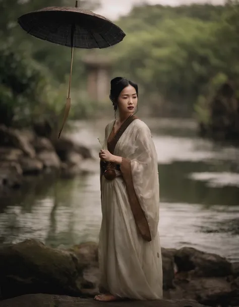 Girl in Hanfu，With an umbrella，Behind her is the temple，Walking alone in heavy rain，In the distance are mountains and waterfalls，tmasterpiece，Masterpiece，rich details​，4D movie textures