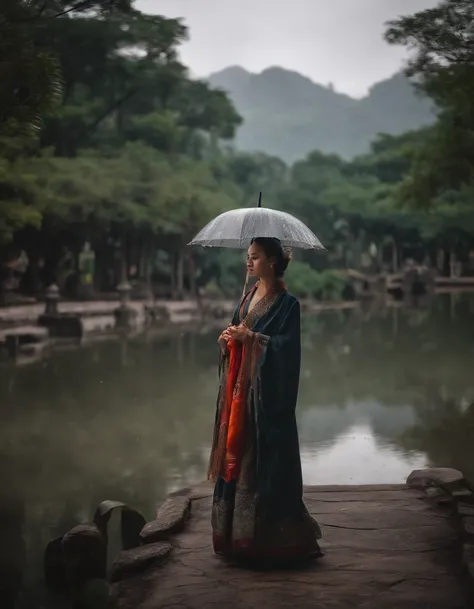 Girl in Hanfu，With an umbrella，Behind her is the temple，Walking alone in heavy rain，In the distance are mountains and waterfalls，tmasterpiece，Masterpiece，rich details​，4D movie textures