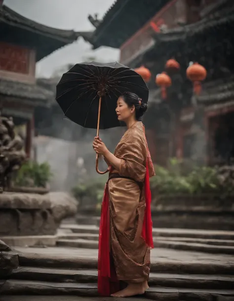 Girl in Hanfu，With an umbrella，Behind her is the temple，Walking alone in heavy rain，In the distance are mountains and waterfalls，tmasterpiece，Masterpiece，rich details​，4D movie textures