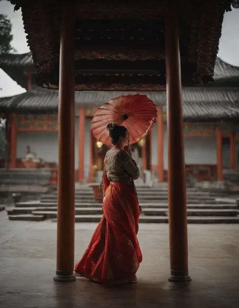 Girl in Hanfu，With an umbrella，Behind her is the temple，Walking alone in heavy rain，In the distance are mountains and waterfalls，tmasterpiece，Masterpiece，rich details​，4D movie textures