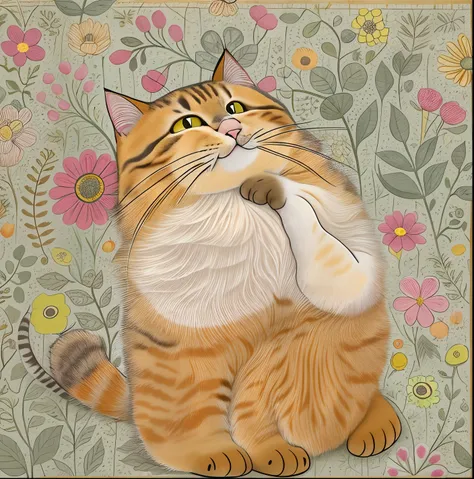 There is a cat sitting at a table in bloom, !!!! cat!!!!, cat design, Happy cat, !!! cat!!!, catss, feline, Fat cat, Cute cat, anthropomorphic cat, tufty whiskers, neko, “portrait of a cartoon animal, illustration of a cat, Kawaii cat, fluffy, the cat is s...