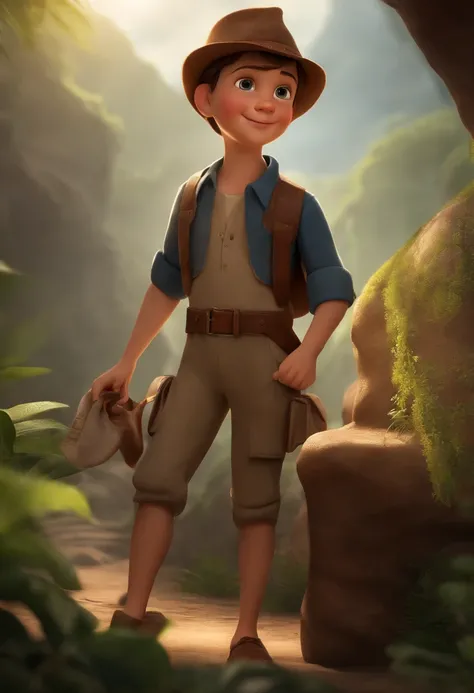 movie picture quality，style of disney animation，A little boy in a cave，Wearing archaeological overalls，short detailed hair，With a hat on，leather shoes，depth of fields，high light，Real light，Ray traching，oc rendered，Hyper-realistic，best qualtiy，8K，Works of m...