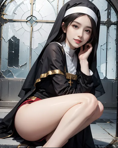 masutepiece、hight resolution、Nun costume、２５Old Female、１girl with、Beautiful now、9th class、Look at the viewer、smil、Okappa、The background is a monastery、Glitter background、Beautiful stained glass、the skin is white and transparent、Beautiful nun praying to God、...