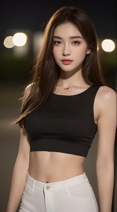 ((Realistic lighting, Best quality, 8K, Masterpiece: 1.3)), Clear focus: 1.2, 1girl, Perfect beauty: 1.4, Slim abs: 1.1, ((Dark brown hair)), (White crop top: 1.4), (Outdoor, Night: 1.1), Park view, Super fine face, Fine eyes, Double eyelids,