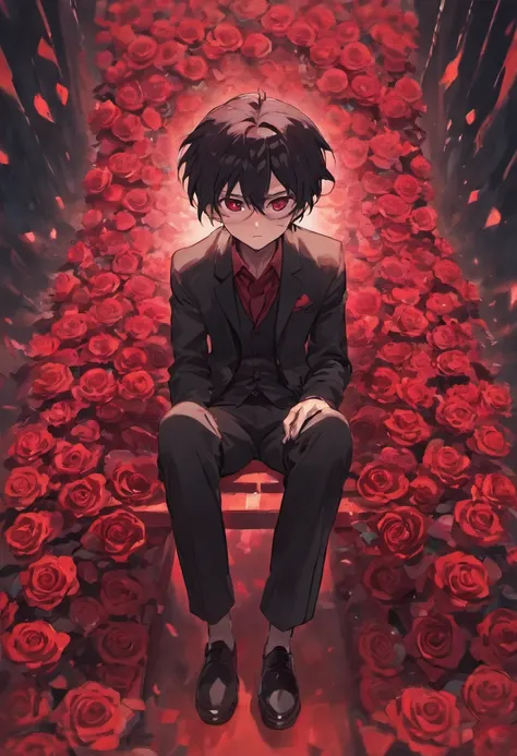 Describe a teenage Adult male with black hair and crimson rose-like eyes. Who is sitting with his right leg on top of his left leg and his hands holding his head like an antagonist in a fictional story