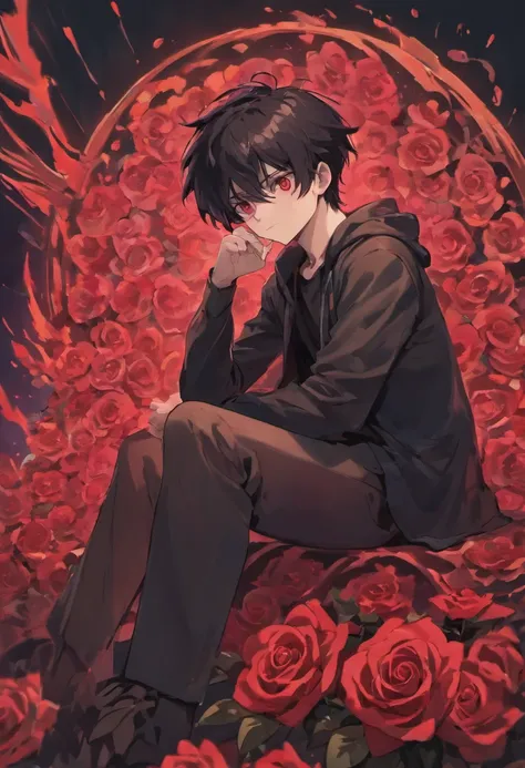 Describe a teenage Adult male with black hair and crimson rose-like eyes. Who is sitting with his right leg on top of his left leg and his hands holding his head like an antagonist in a fictional story