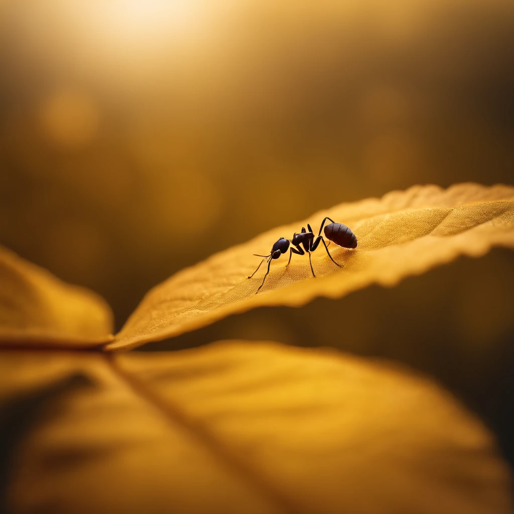 an ant standing on a golden floating leaf in the air