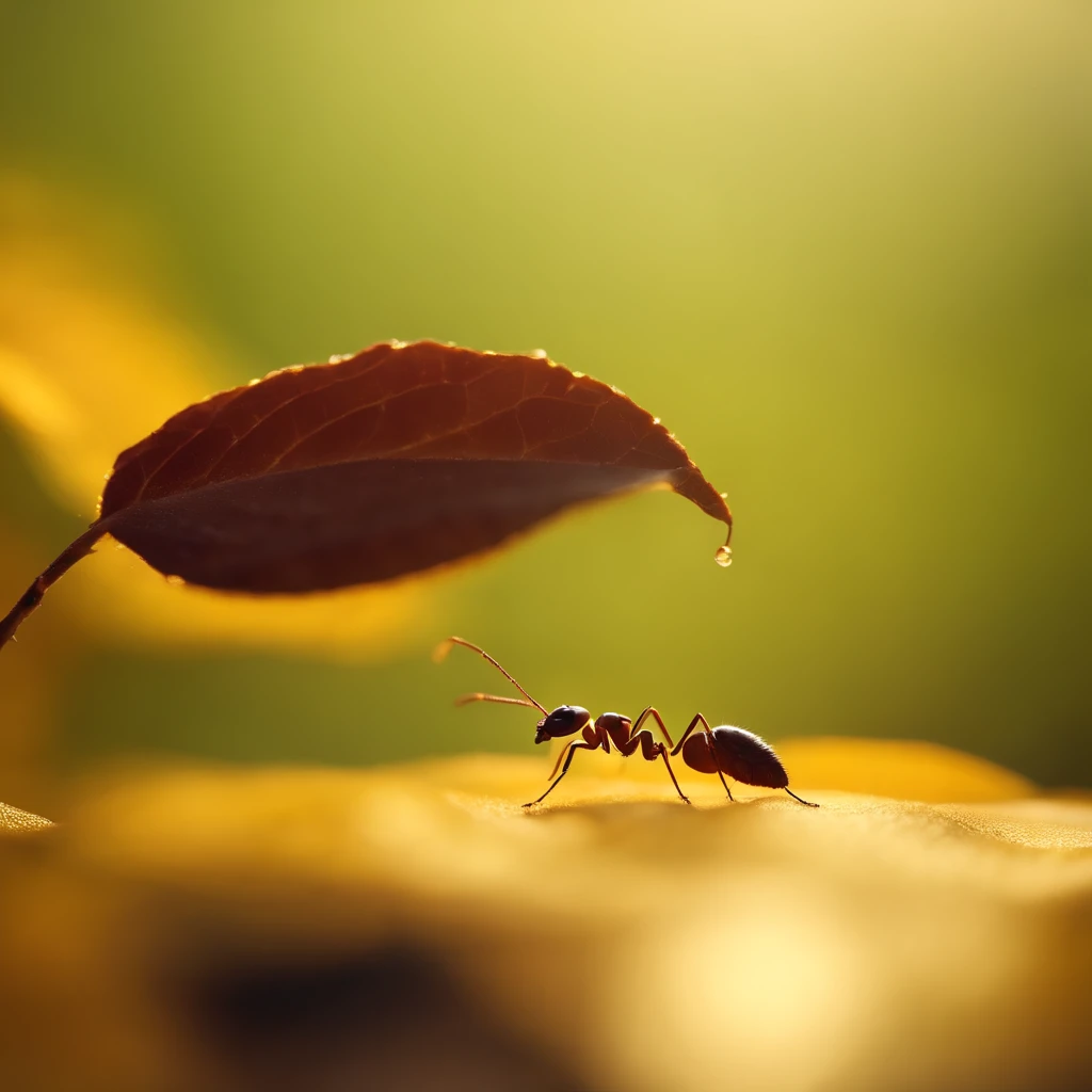 an ant standing on a golden floating leaf in the air