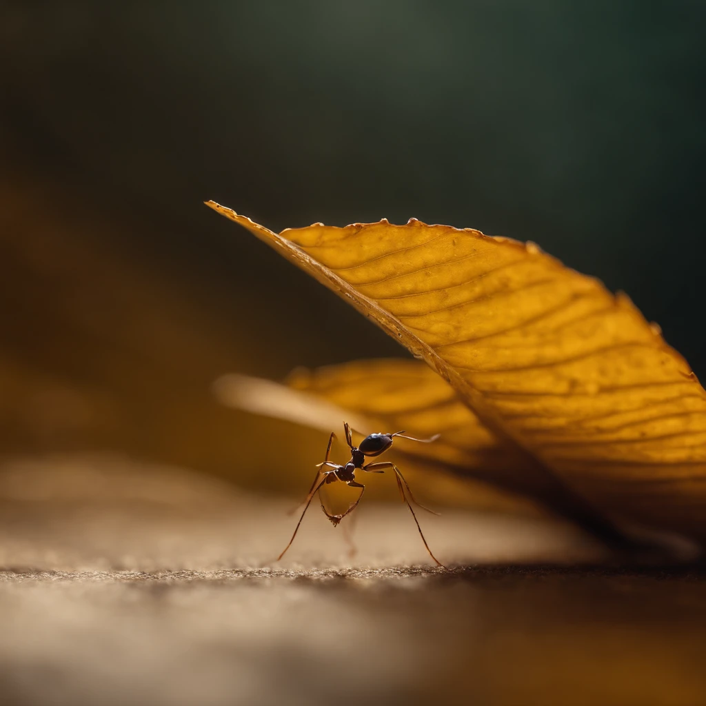 an ant standing on a golden floating leaf in the air