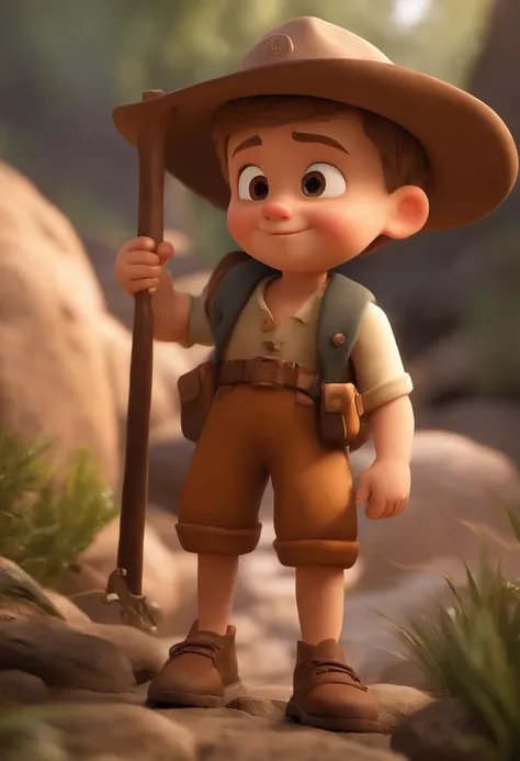 movie picture quality，style of disney animation，A little boy in a cave，Wearing archaeological overalls，short detailed hair，Carrying a large outdoor school bag，With a hat on，Holding a treasure map，leather shoes，Turn your head sideways and smile，depth of fie...